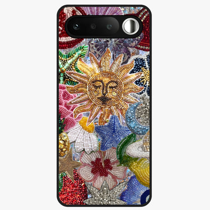 Celestial Floral and Playful Glass Case showing flat back view with floral and celestial themed artwork and glossy glass finish.