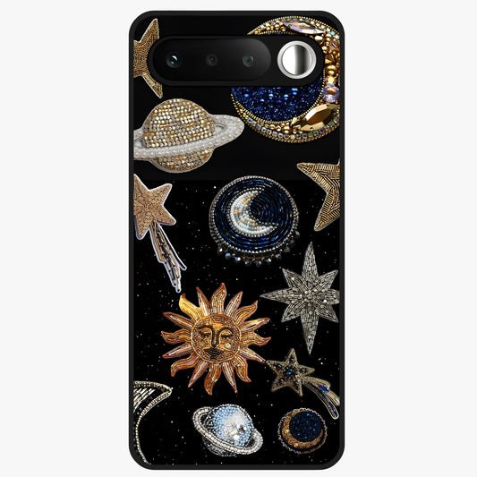 Celestial Gem Constellations Glass Case showing flat back view with sparkling constellation artwork and glossy glass finish.