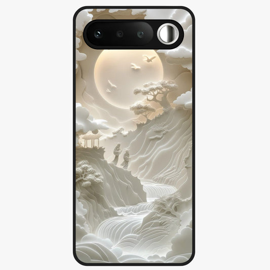 Celestial Origami Glass Case showing flat back view with artistic origami inspired celestial artwork and glossy glass finish.