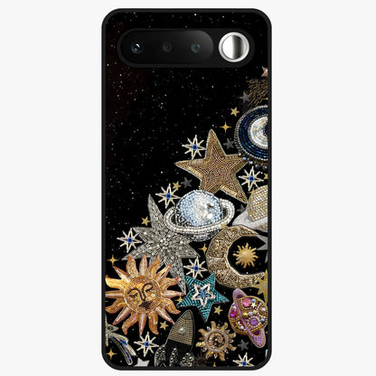 Cosmic Sparkle Dreams Glass Case showing flat back view with sparkling cosmic artwork and glossy glass finish.