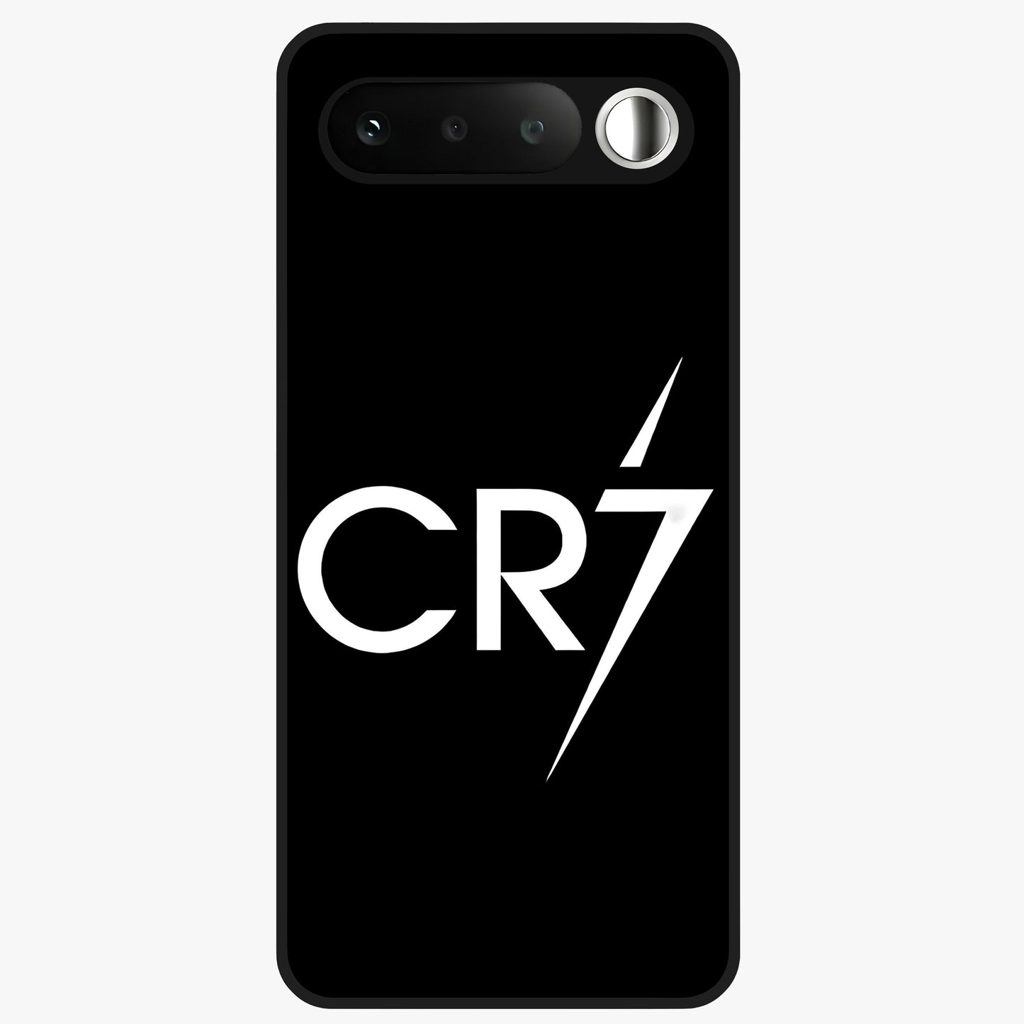 Cr7 Elite Strike Glass Case showing flat back view with dynamic football inspired artwork and glossy glass finish.