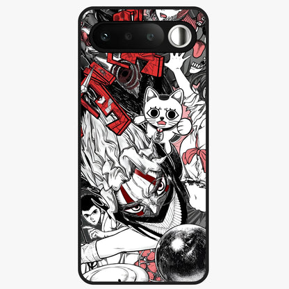 Crimson Chaos Panel Glass Case showing flat back view with bold crimson abstract artwork and glossy glass finish.