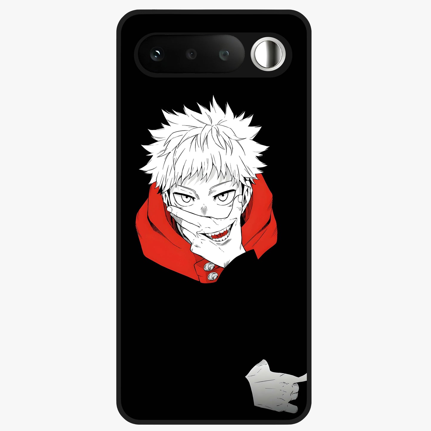 Crimson Chaos Smile Glass Case showing flat back view with bold chaotic smile artwork and glossy glass finish.