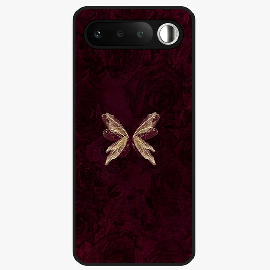 Crimson Fade Butterfly Glass Case showing flat back view with fading butterfly artwork and glossy glass finish.