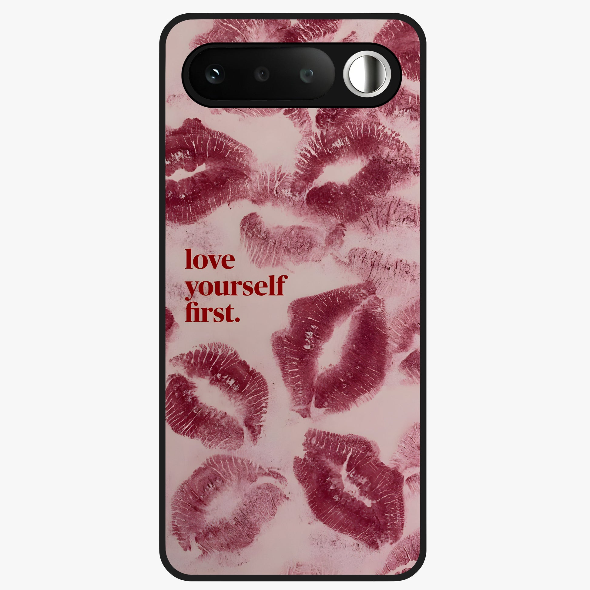 Crimson Kiss Love Glass Case showing flat back view with romantic crimson themed artwork and glossy glass finish.
