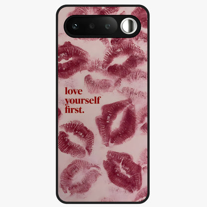 Crimson Kiss Love Glass Case showing flat back view with romantic crimson themed artwork and glossy glass finish.