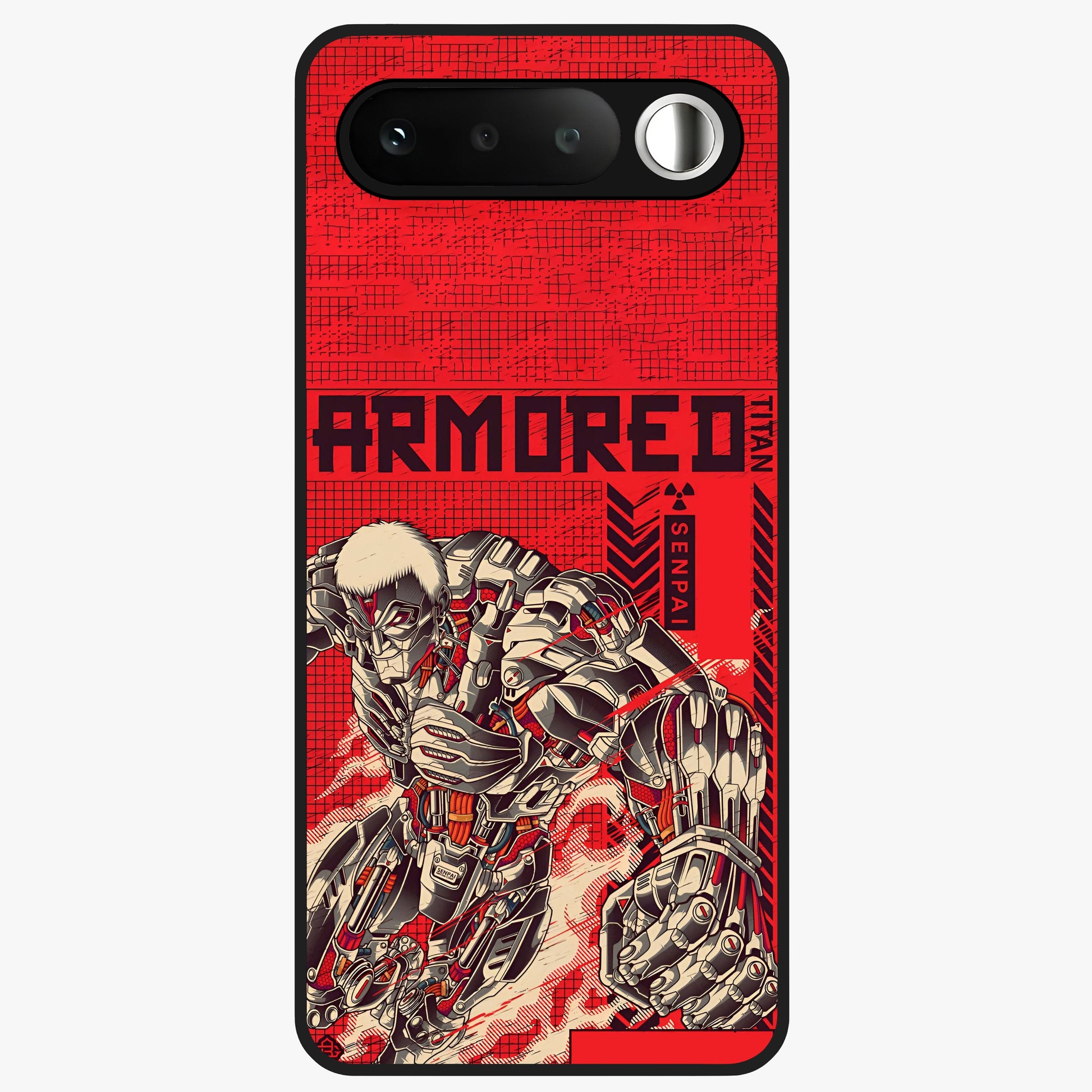 Crimson Mecha Titan Glass Case showing flat back view with powerful mech titan artwork and glossy glass finish.
