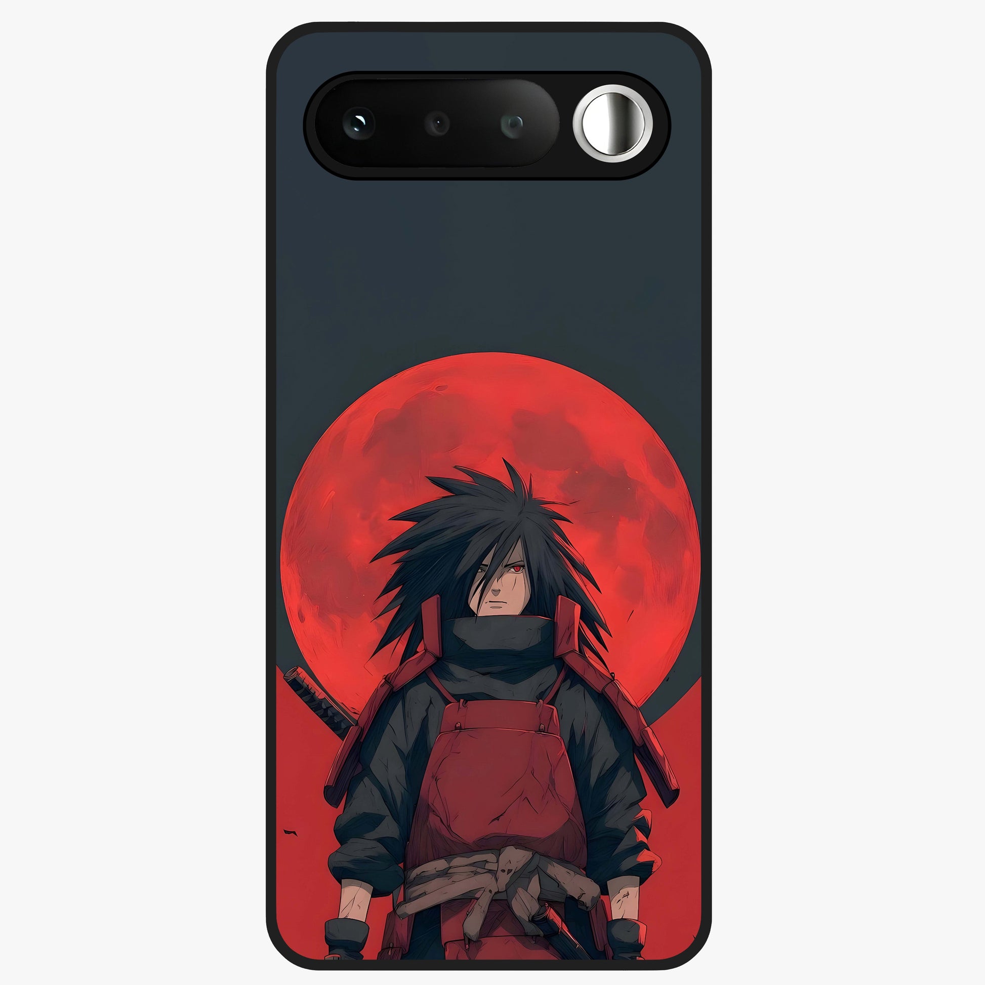 Crimson Moon Warlord Glass Case showing flat back view with mystical moon warrior artwork and glossy glass finish.