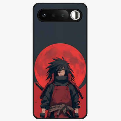 Crimson Moon Warlord Glass Case showing flat back view with mystical moon warrior artwork and glossy glass finish.