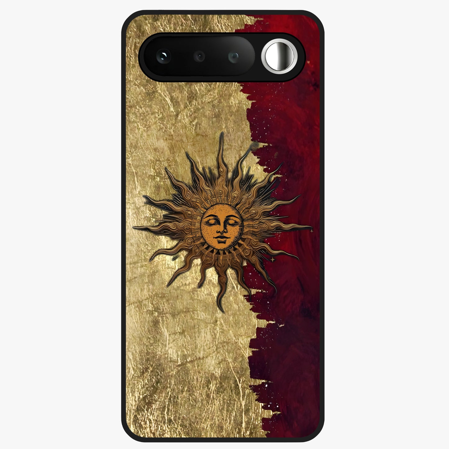 Crimson Sun Majesty Glass Case showing flat back view with radiant sun inspired artwork and glossy glass finish.