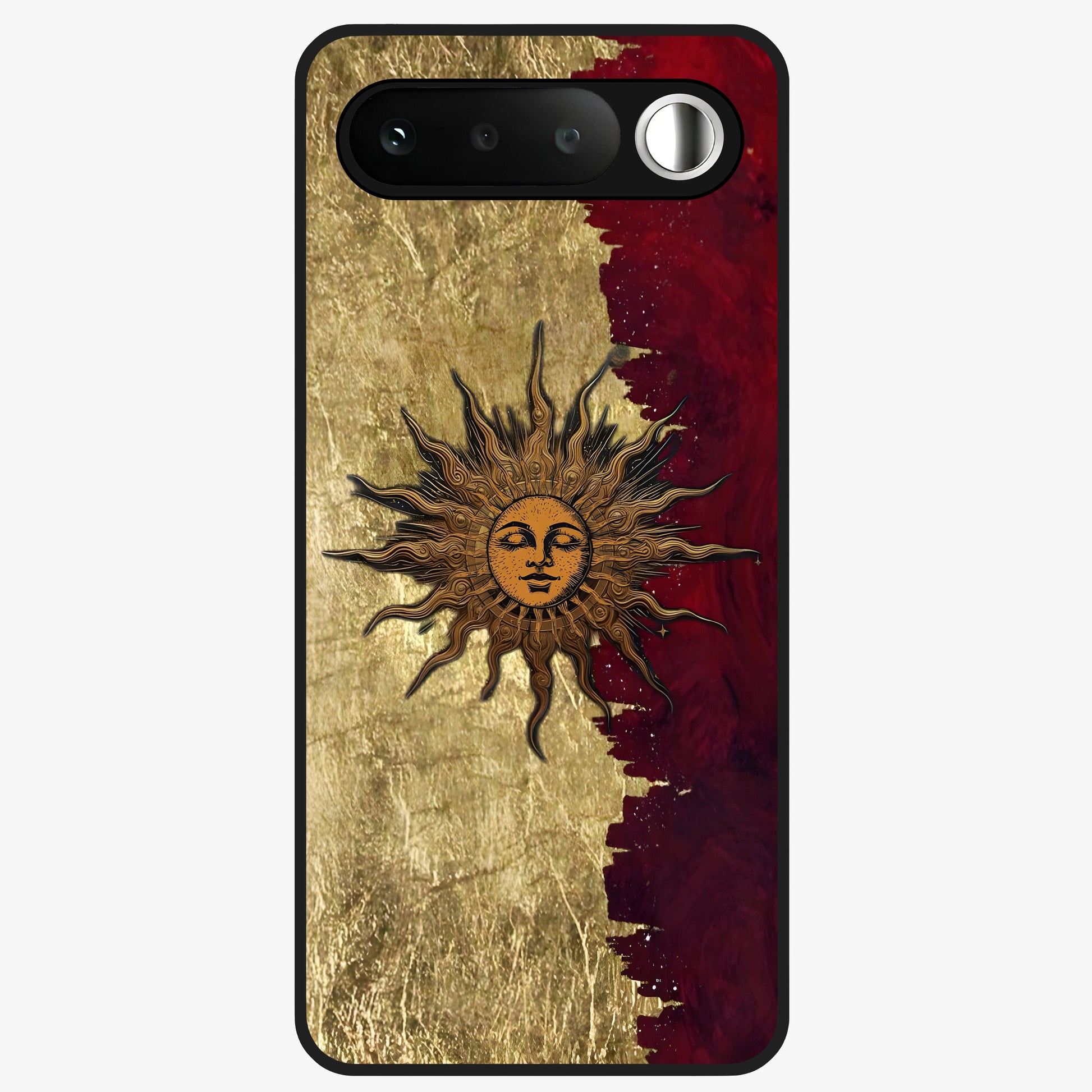 Crimson Sun Majesty Glass Case showing flat back view with radiant sun inspired artwork and glossy glass finish.
