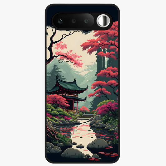 Crimson Temple View Glass Case showing flat back view with temple inspired artwork and glossy glass finish.