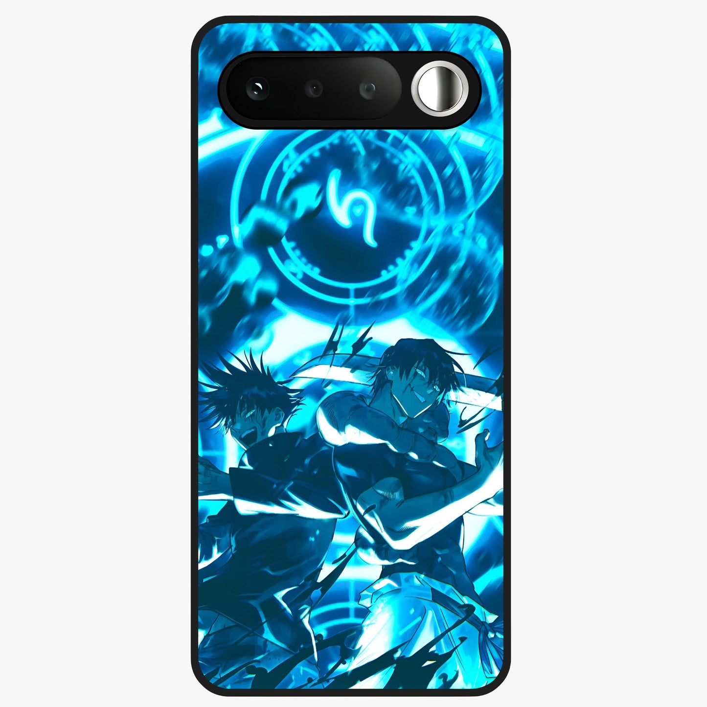 Cursed Energy Clash Glass Case showing flat back view with intense cursed energy artwork and glossy glass finish.