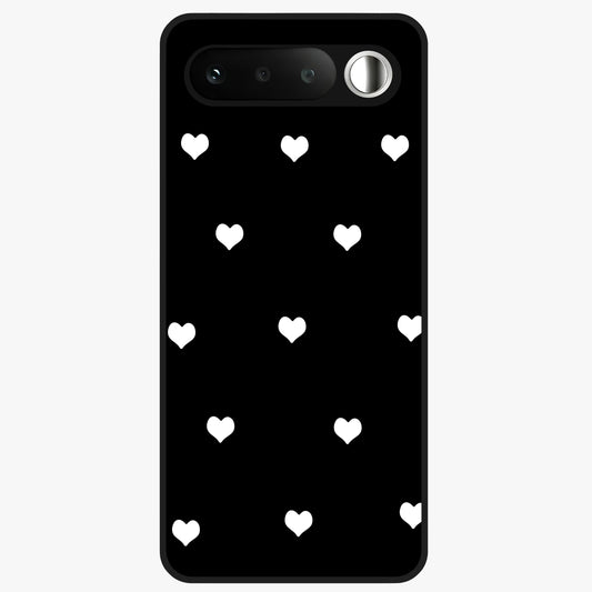 Cute And Simple White Hearts Glass Case showing flat back view with minimal white heart pattern and glossy glass finish.
