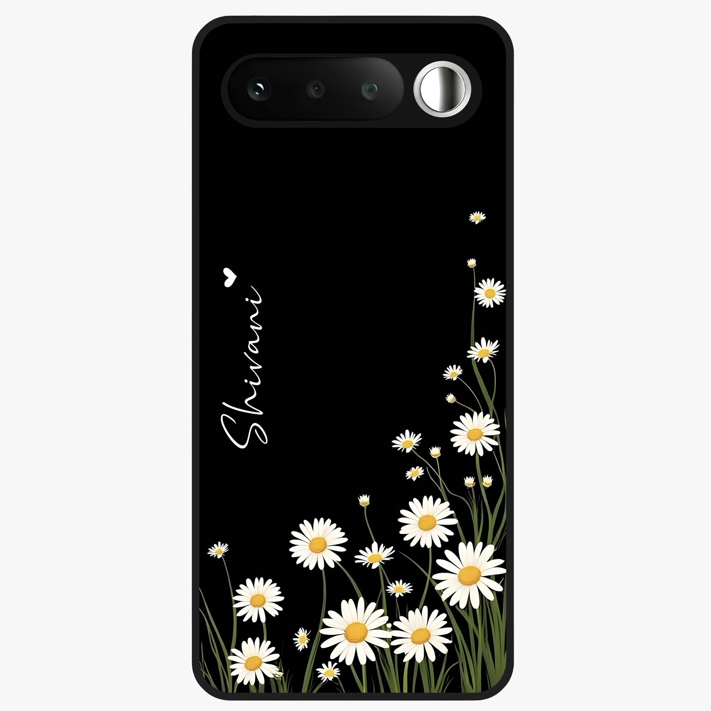 Daisy Cascade Custom Name Glass Case showing flat back view with cascading daisy flowers and personalized name design.