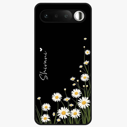 Daisy Cascade Custom Name Glass Case showing flat back view with cascading daisy flowers and personalized name design.