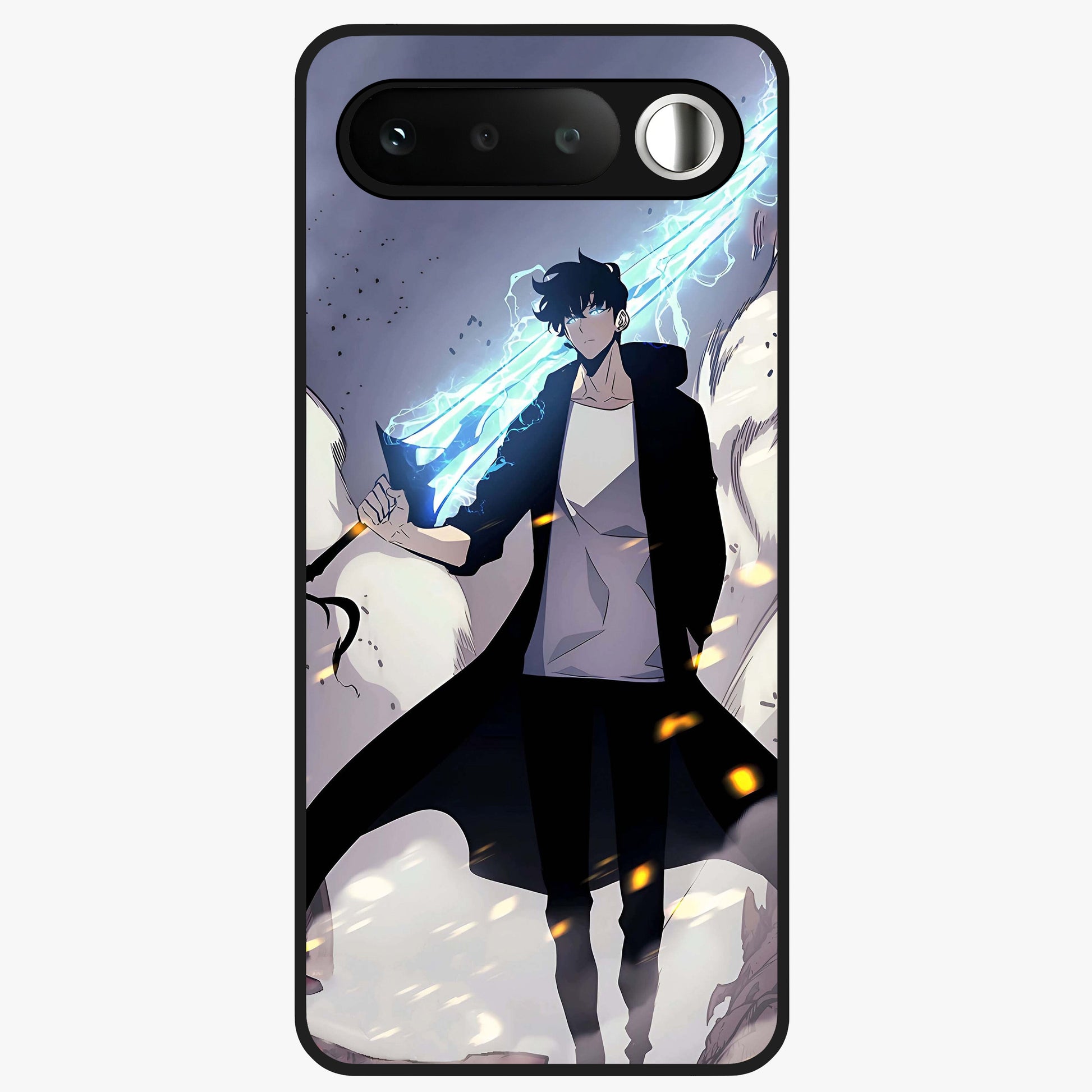 Dark Lightning Anime Warrior Glass Case showing flat back view with intense anime warrior artwork and glossy glass finish.