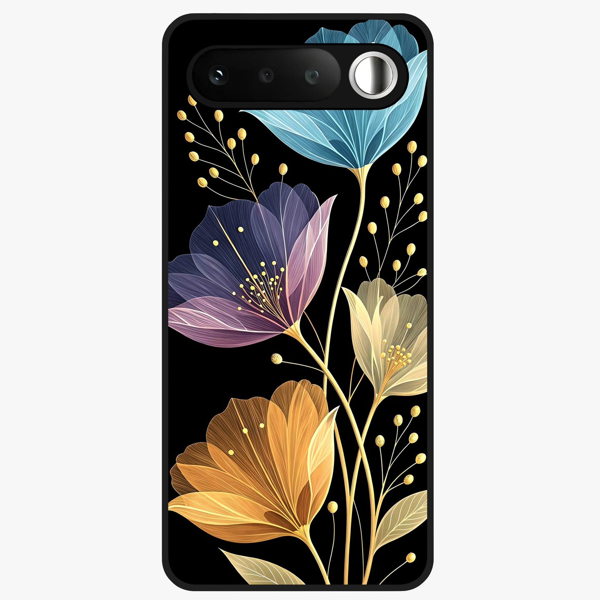 Delicate Multicolor Flowers Glass Case showing flat back view with vibrant floral artwork and glossy glass finish.