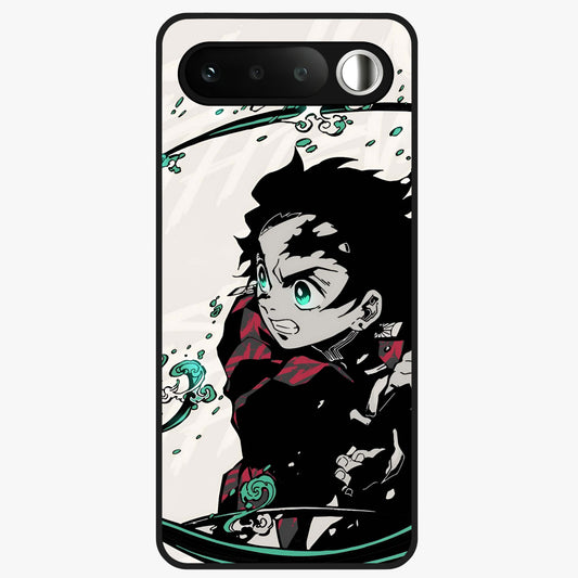 Demon Slayer Glass Case showing flat back view with bold anime inspired artwork and glossy glass finish.