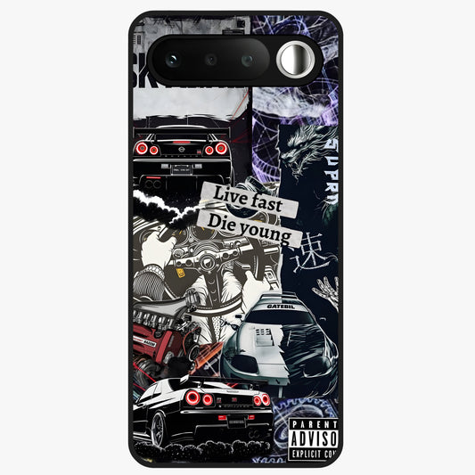 Die Young Glass Case showing flat back view with bold artistic typography design and glossy glass finish.