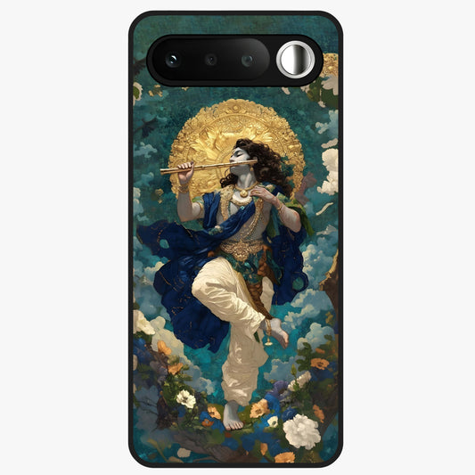 Divine Krishna Art Glass Case showing flat back view with Lord Krishna artwork and glossy glass finish.