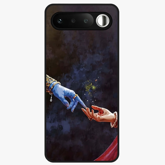 Divine Touch Eternal Glass Case showing flat back view with spiritual themed artwork and glossy glass finish.