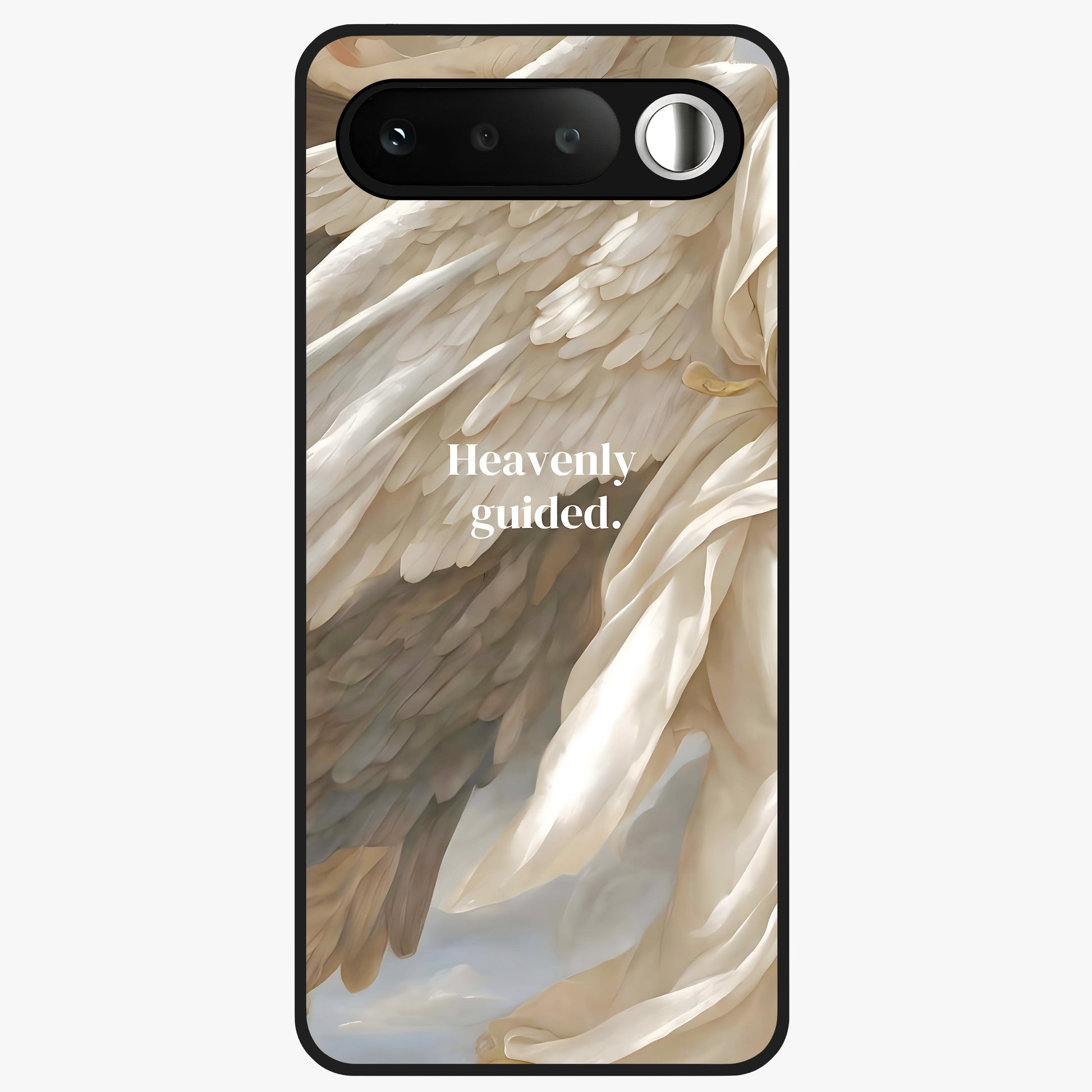 Divine Winged Grace Glass Case showing flat back view with elegant wing inspired artwork and glossy glass finish.