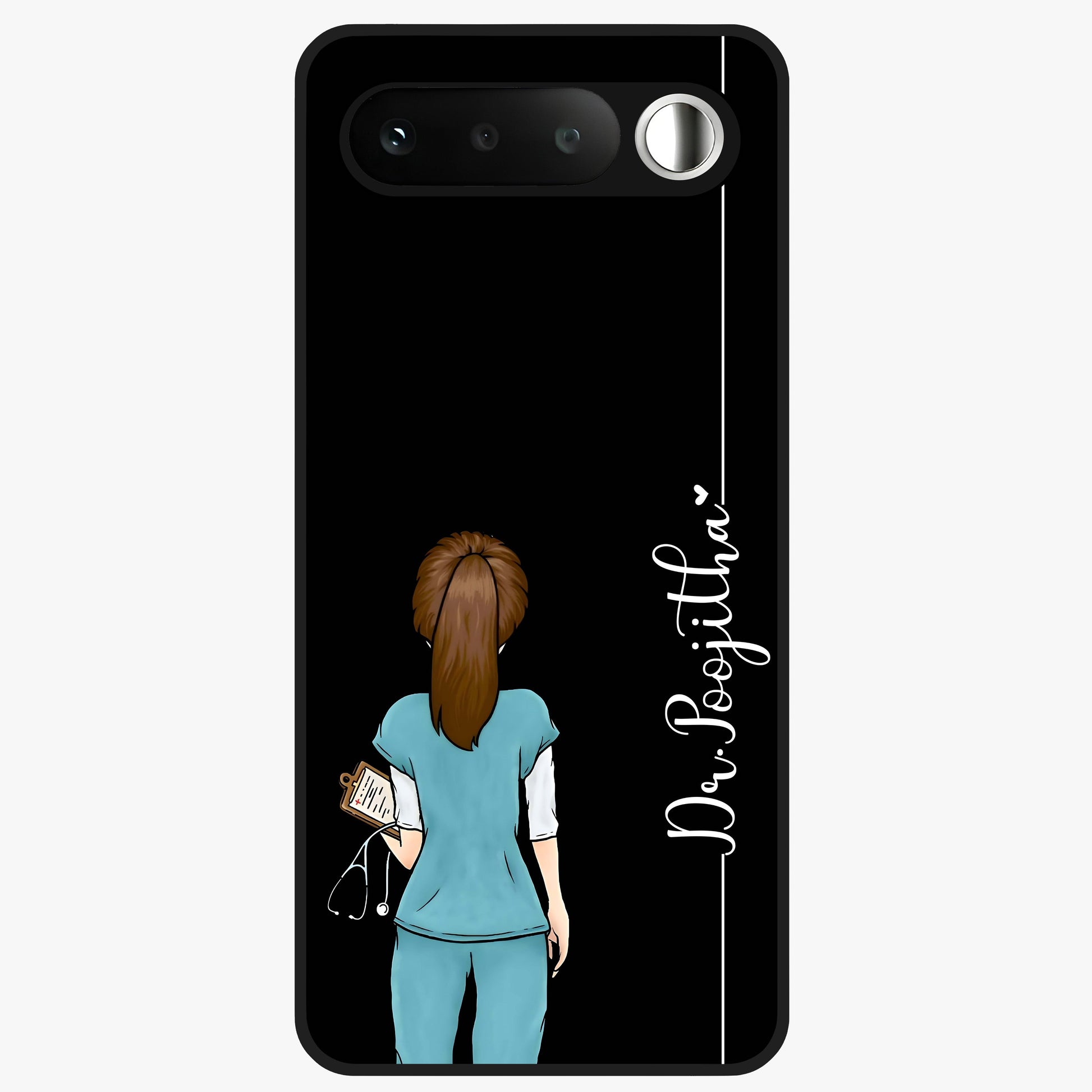 Doctor Pattern Custom Name Glass Case showing flat back view with medical themed pattern and personalized name design.
