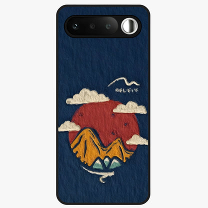 Dream Beyond Mountains Glass Case showing flat back view with scenic mountain landscape artwork and glossy glass finish.