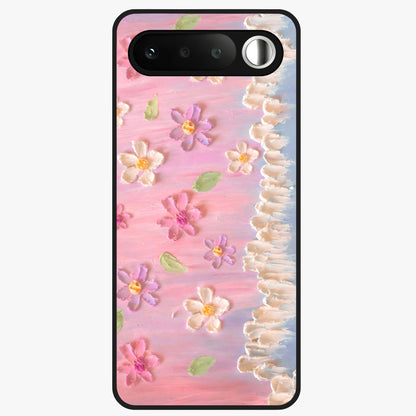 Dreamy Painted Garden Glass Case showing flat back view with artistic painted floral garden artwork and glossy glass finish.