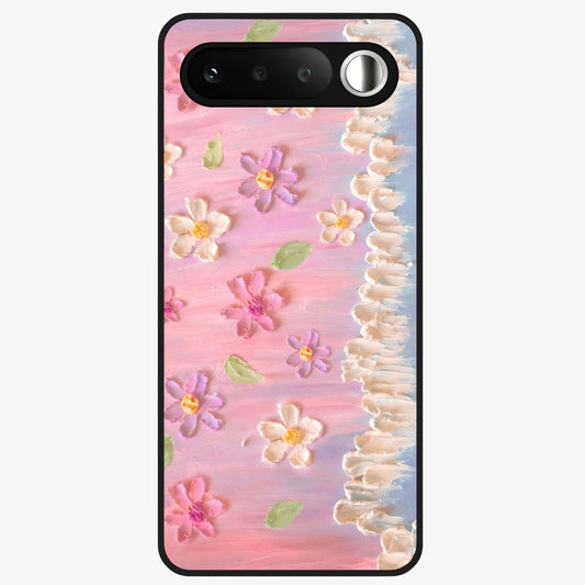Dreamy Painted Garden Glass Case showing flat back view with artistic painted floral garden artwork and glossy glass finish.