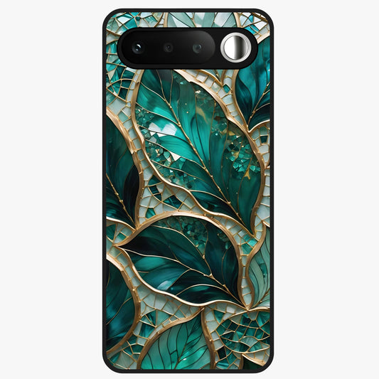 Emerald Leaf Glass Glass Case showing flat back view with emerald green leaf artwork and glossy glass finish.
