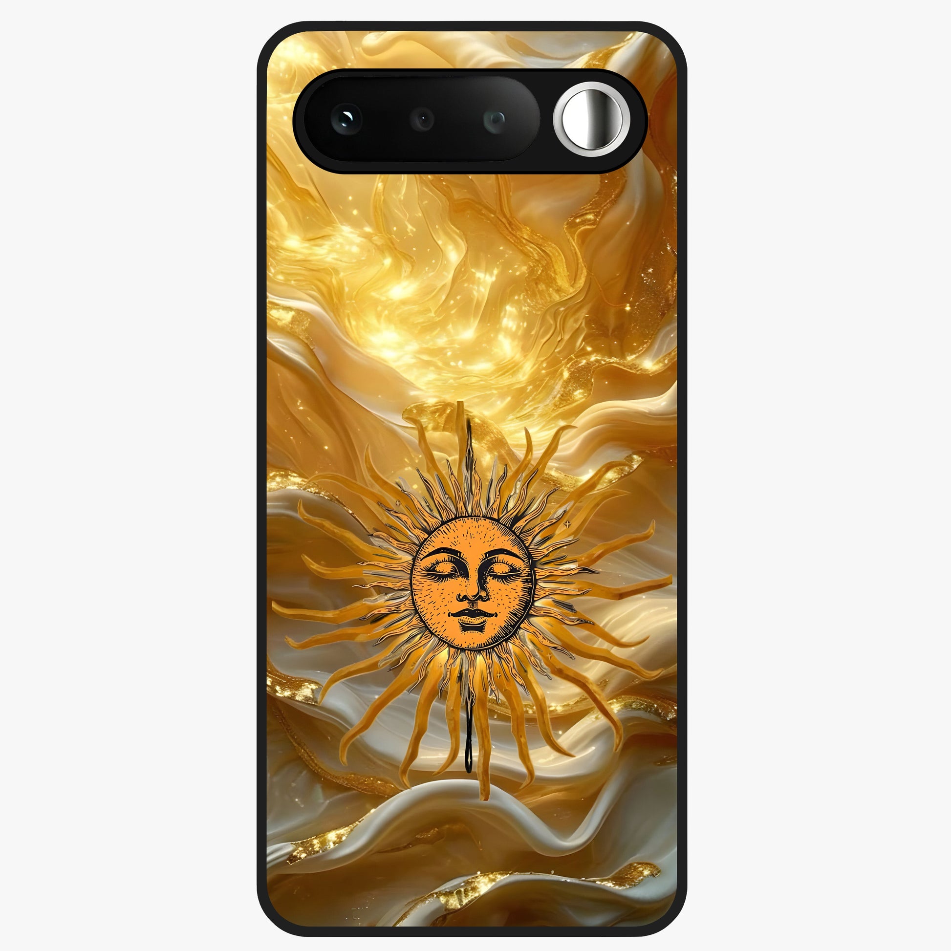 Eternal Golden Glow Glass Case showing flat back view with radiant golden themed artwork and glossy glass finish.