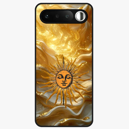 Eternal Golden Glow Glass Case showing flat back view with radiant golden themed artwork and glossy glass finish.