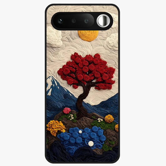 Eternal Nature Tapestry Glass Case showing flat back view with intricate nature tapestry artwork and glossy glass finish.