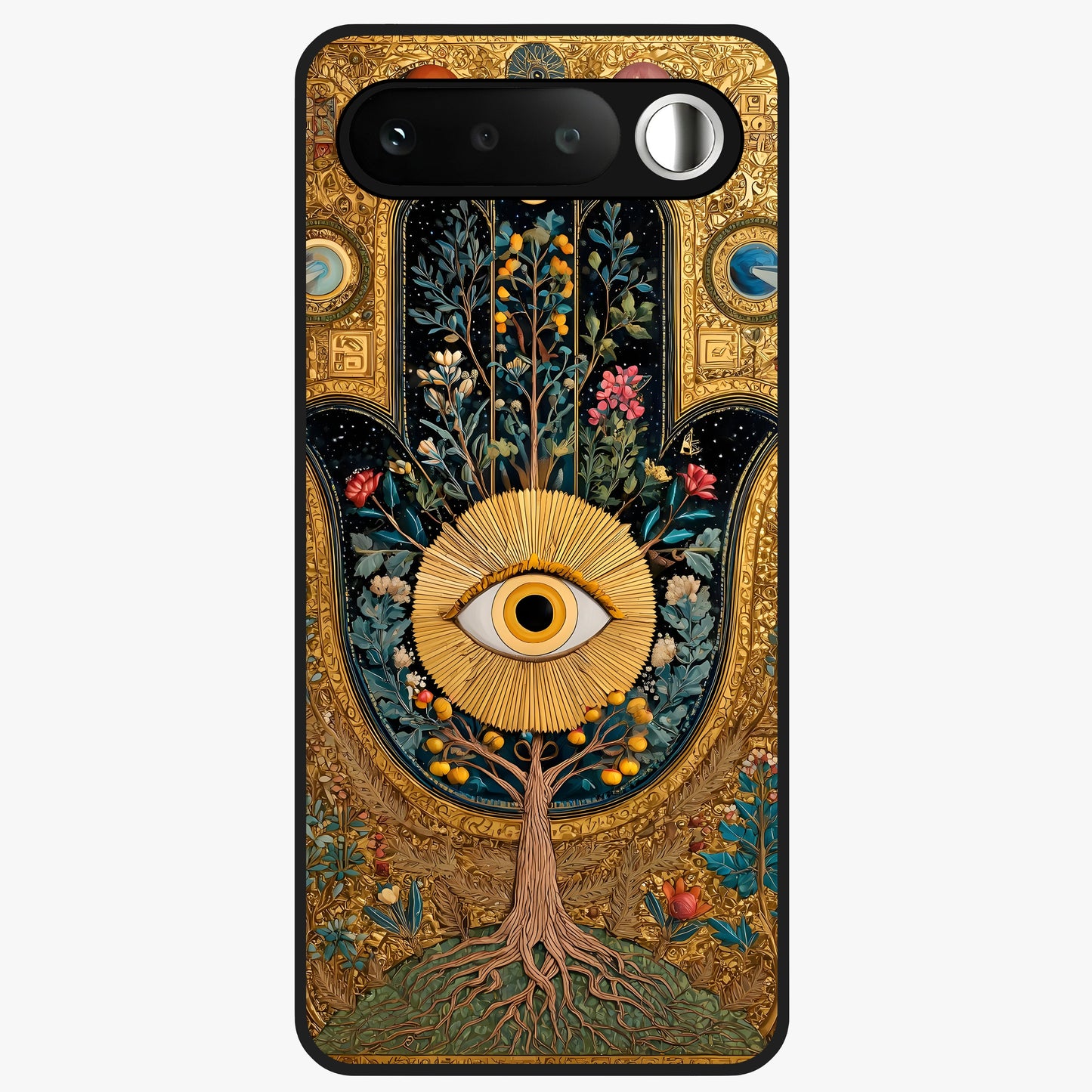 Ethereal Evil Eye Glass Case showing flat back view with mystical evil eye artwork and glossy glass finish.