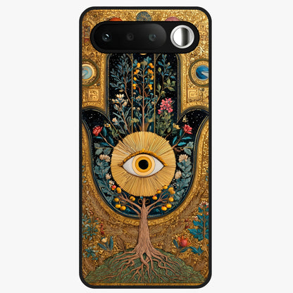 Ethereal Evil Eye Glass Case showing flat back view with mystical evil eye artwork and glossy glass finish.