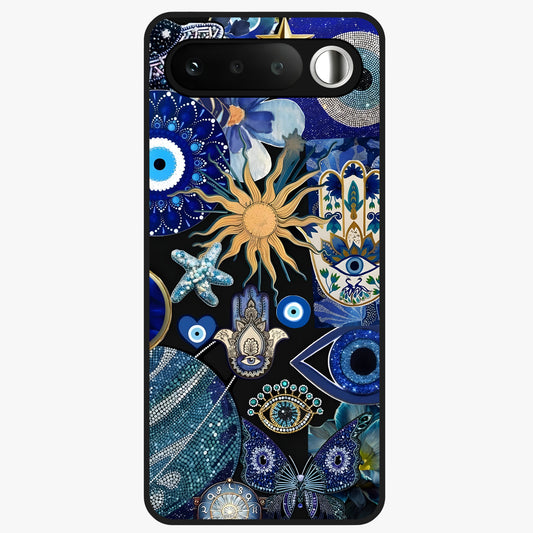 Evil Eye Charm Mix Glass Case showing flat back view with multiple evil eye charms artwork and glossy glass finish.