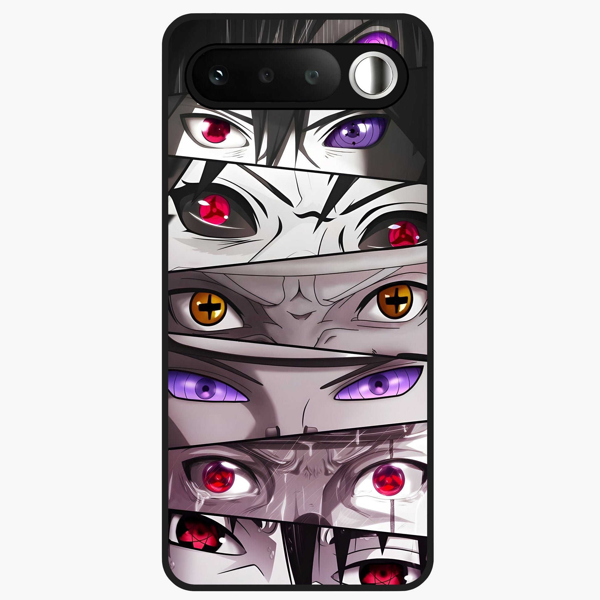 Eyes of Destiny Glass Case showing flat back view with striking eye themed artwork and glossy glass finish.