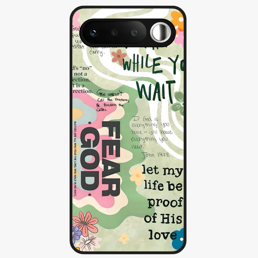Faith Over Fear Glass Case showing flat back view with motivational typography artwork and glossy glass finish.