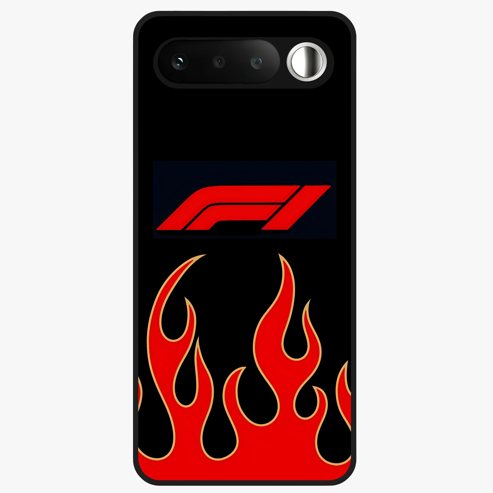 Fire F11 Glass Case showing flat back view with fiery themed artwork and glossy glass finish.