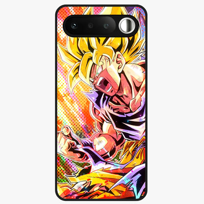Firing Goku Glass Case showing flat back view with powerful anime inspired artwork and glossy glass finish.