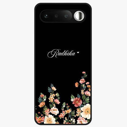 Floral Design With a Custom Personalized Name Glass Case showing flat back view with floral artwork and personalized name design.