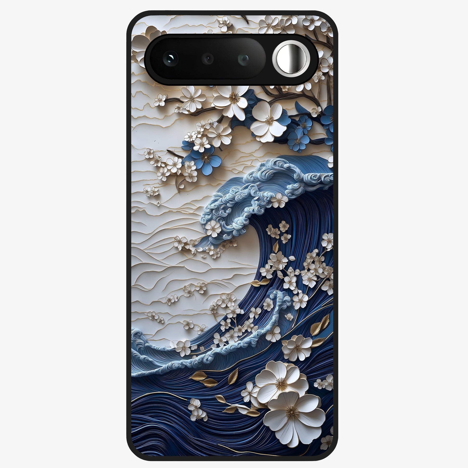 Floral Wave Origami Glass Case showing flat back view with origami inspired floral wave artwork and glossy glass finish.