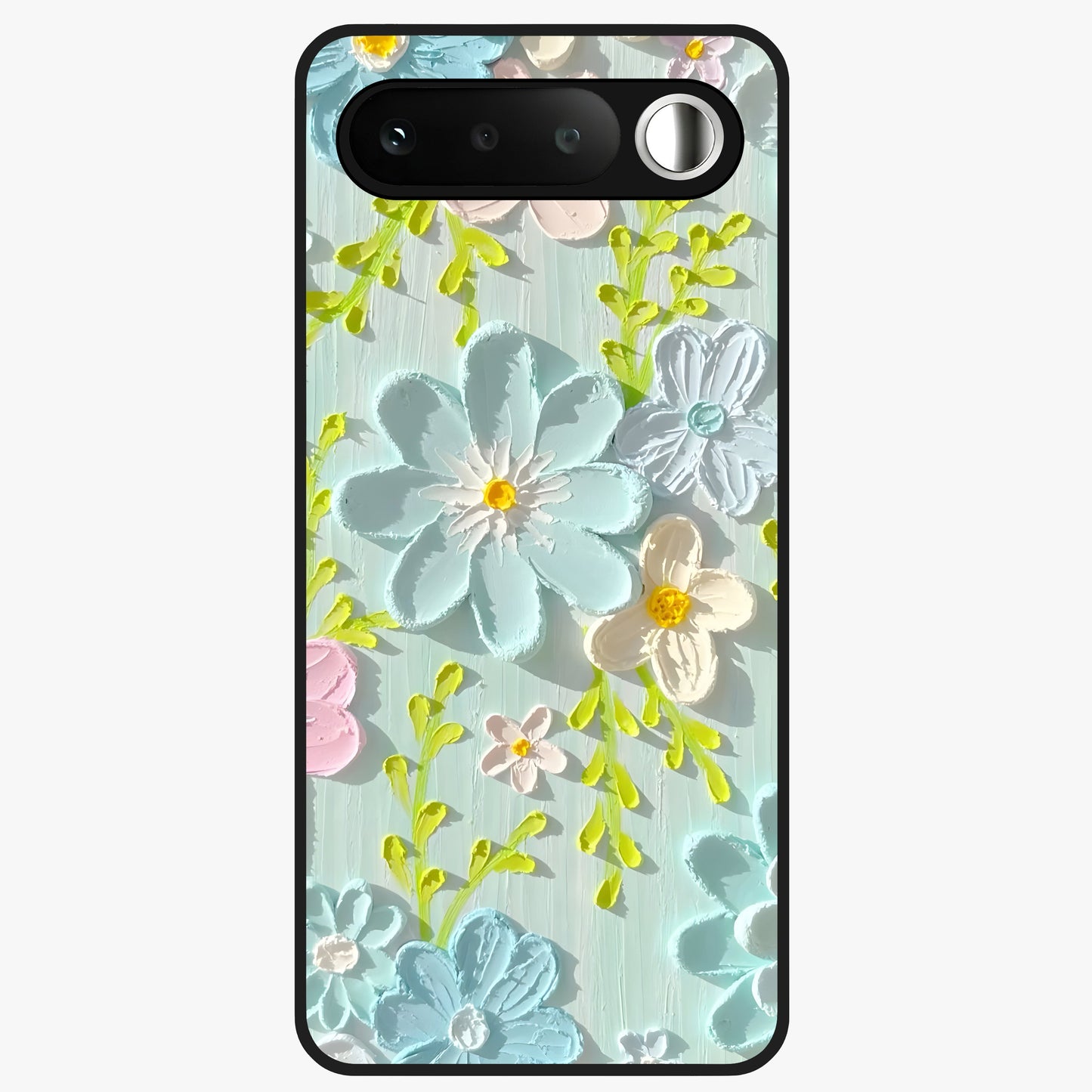 Frosted Petal Garden Glass Case showing flat back view with soft frosted floral artwork and glossy glass finish.