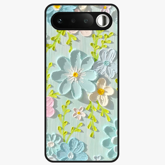 Frosted Petal Garden Glass Case showing flat back view with soft frosted floral artwork and glossy glass finish.