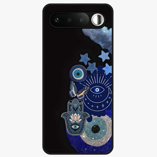 Galactic Charm Cluster Glass Case showing flat back view with glowing celestial charm artwork and glossy glass finish.