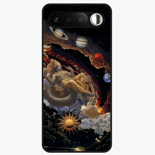 Galactic Divine God Glass Case showing flat back view with divine cosmic themed artwork and glossy glass finish.