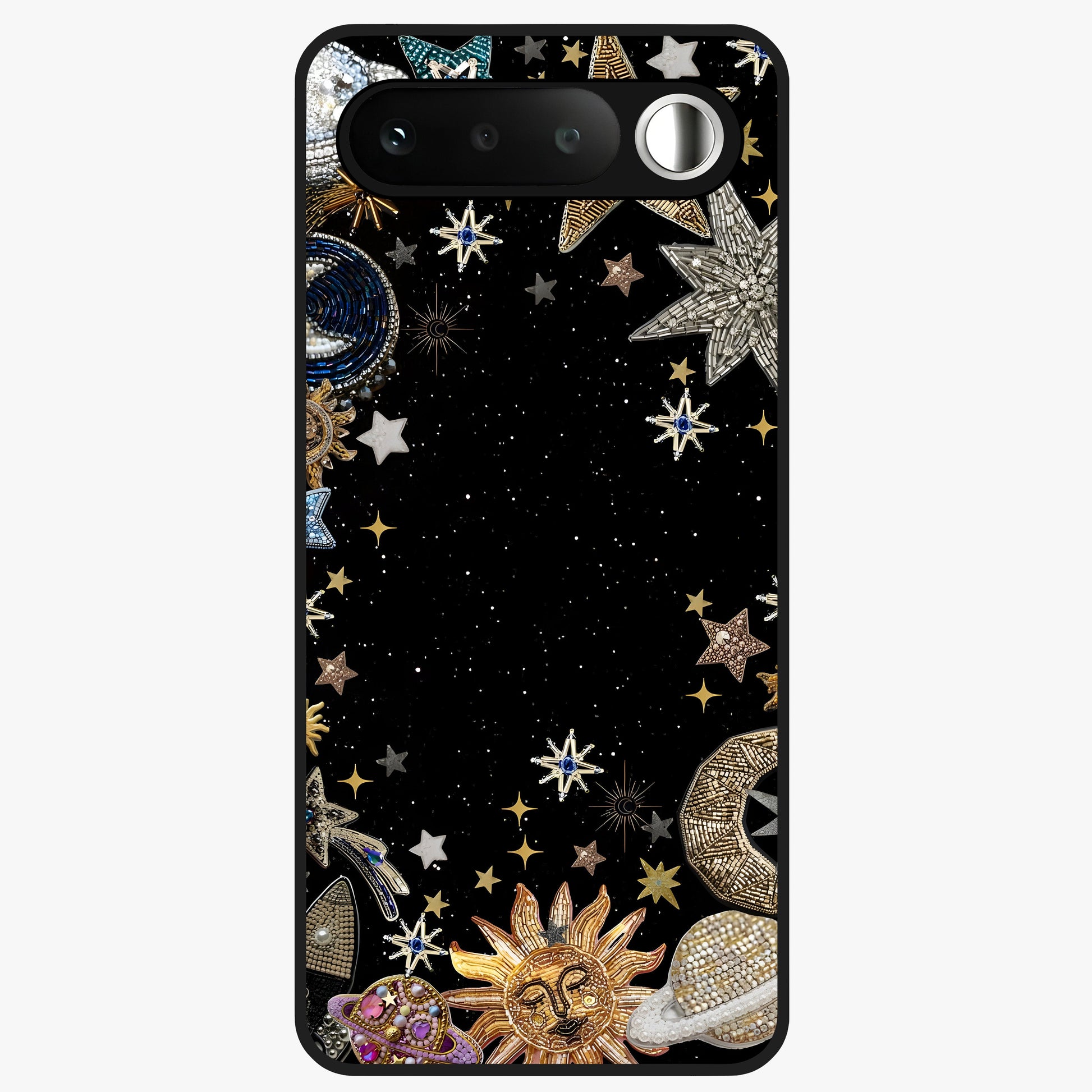 Galactic Jewel Stars Glass Case showing flat back view with sparkling star jewel artwork and glossy glass finish.