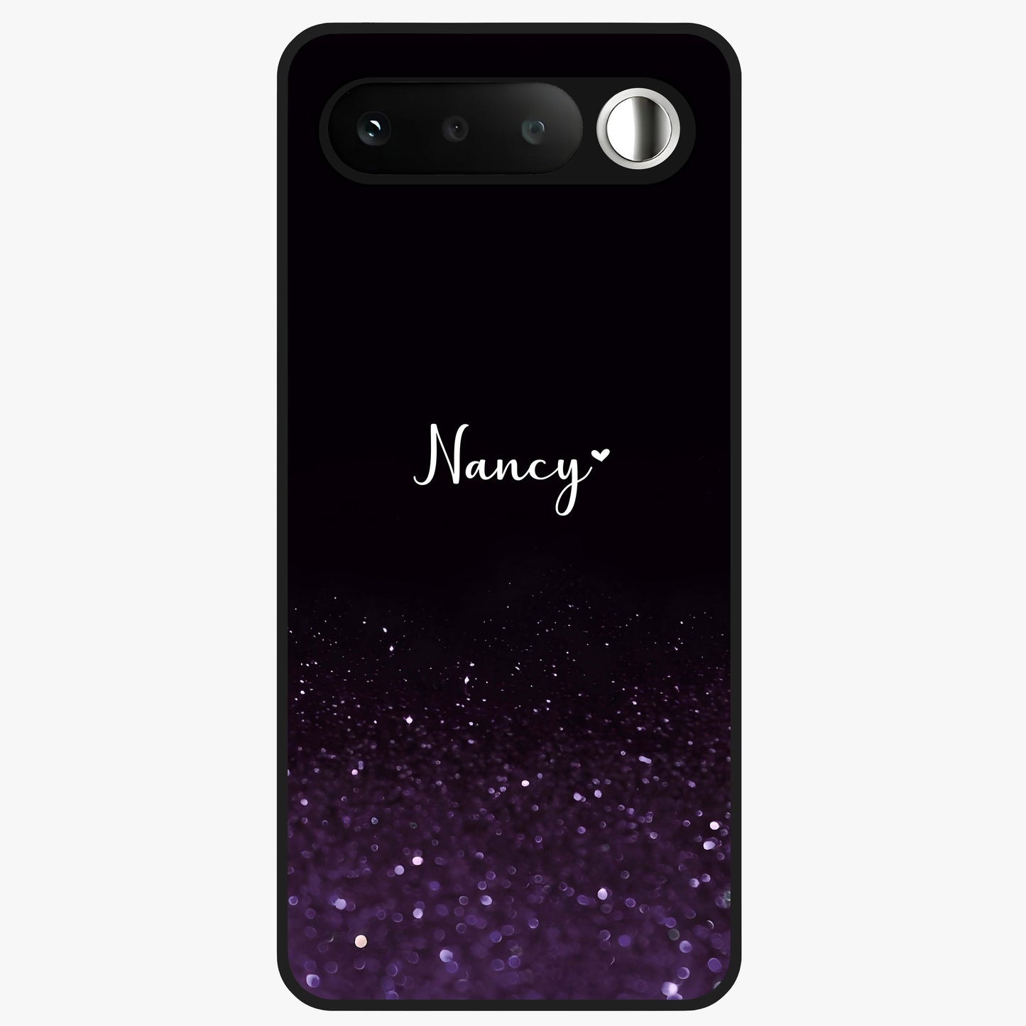Glittery Purple Bokeh Custom Name Glass Case showing flat back view with purple bokeh sparkle artwork and personalized name design.